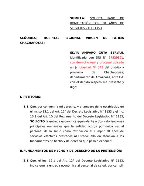 Solicitud 30 AÑOS SUMILLA SOLICITA PAGO DE BONIFICACIÓN POR 30 AÑOS