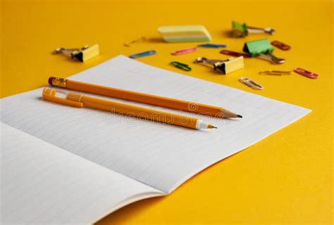 Bright Modern Minimalistic Stationery for Schoolwork on a Yellow Background. Back To School ...