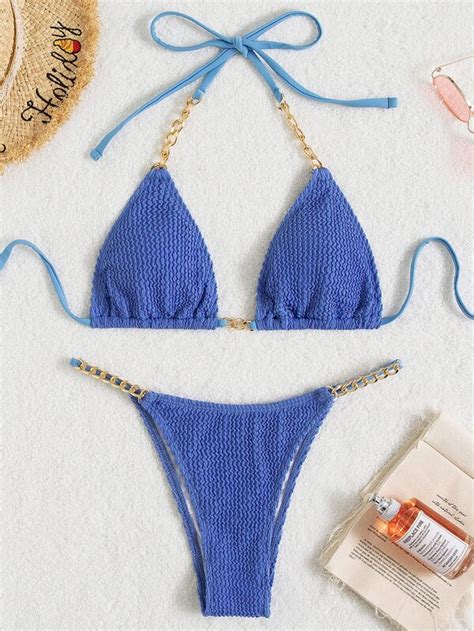 Textured Bikini Set Chain Linked Halter Micro Triangle Bra Thong