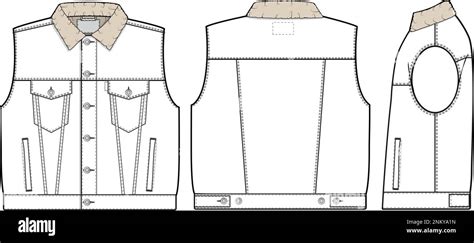 Men Unisex Oversized Sherpa Jean Denim Vest Trucker Vector Flat Technical Drawing Illustration