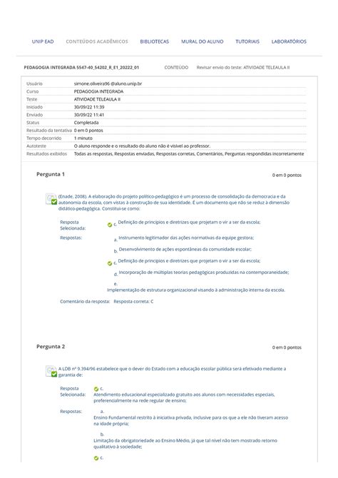 Atividade Teleaula II PEDAGOGIA INTEGRADA 5547 40 54202 R E1 20222 01