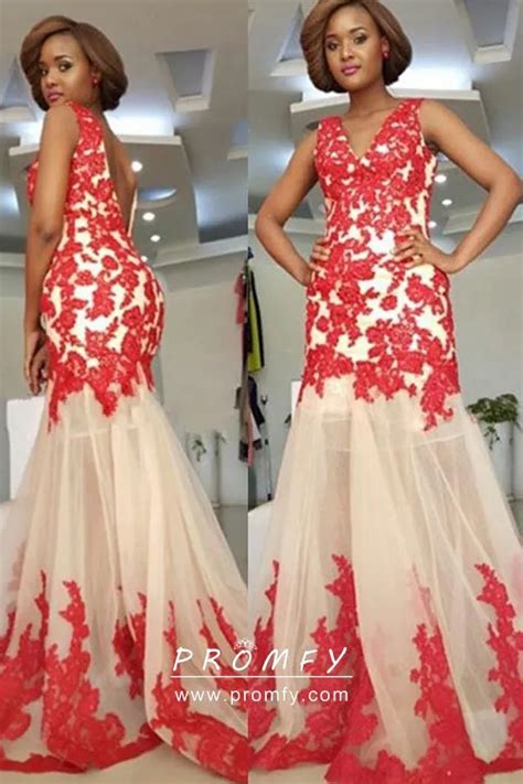 Red Lace Sheer Nude Tulle V Neck Mermaid Prom Dress Promfy