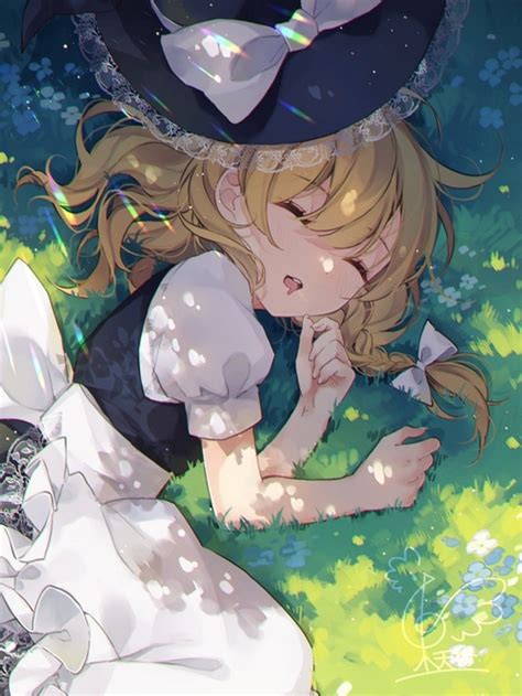 Blonde Hat Sleeping Touhou Bow Tie Grass Lying On Side Kirisame Marisa Loli Hd Phone