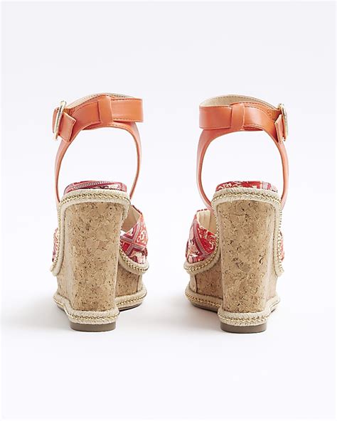 Orange Floral Crossed Wedge Sandals River Island