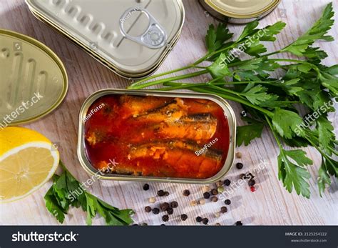 Close Canned Fish Sardines Tomato Sauce Stock Photo 2125254122