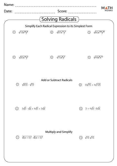 Simplifying Radicals Worksheets Math Monks