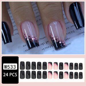 Passion Of Essence Makeup Square Shape Medium Length Press On Nails With Black And Nude