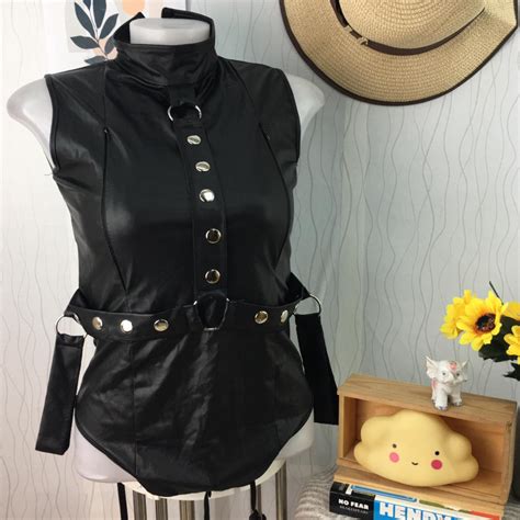 Gothic Punk Bodysuit Women Sexy Lingerie Faux Leather Latex Buttons Front Belt Design Shopee