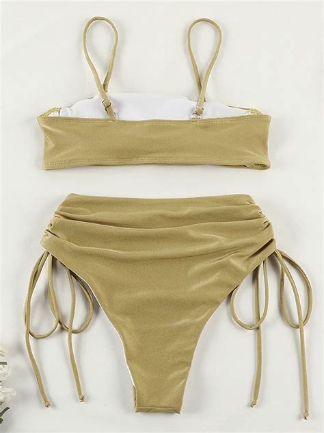 Emmiol Free Shipping Solid Ruched Drawstring Bikinis Yellow L In Bikini Sets Online Store