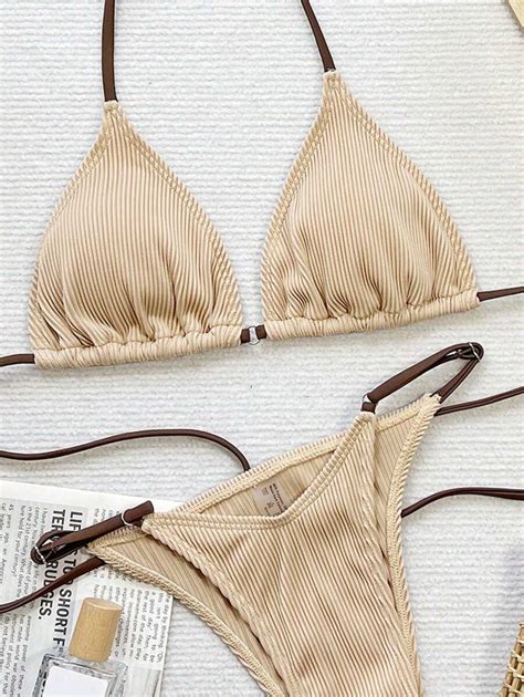 SHEIN Swim SXY Color Block Halter Neck Bikini Set For Women Suitable For Beach Swimming Pool