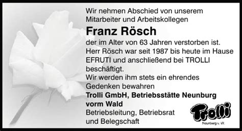 Traueranzeigen von Franz Rösch Mittelbayerische Trauer