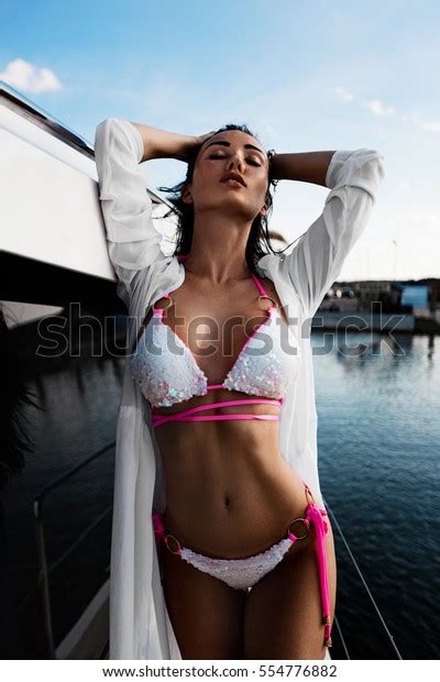 Sexy Brunette Girl White Swimsuit Ocean Stock Photo 554776882 Shutterstock