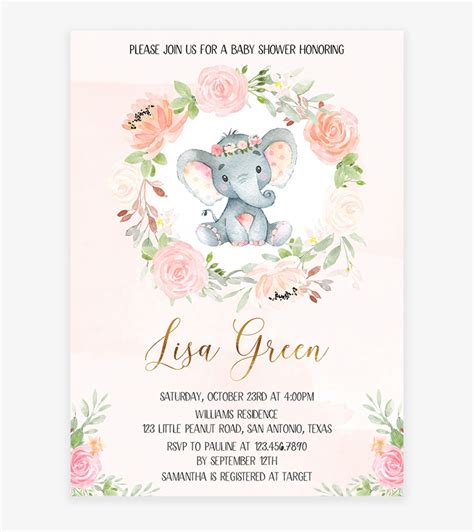 Pink Ink Floral Elephant Baby Shower Invitation Printable Floral