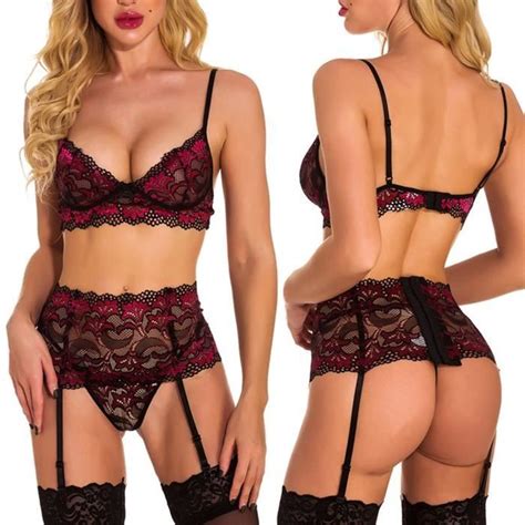 Femmes sexy broderie dentelle soutien gorge lingerie sexy avec jarretière string ensemble sous