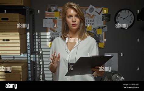 Blonde Woman Detective With Clipboard In A Police Station Office Surrounded By Investigation