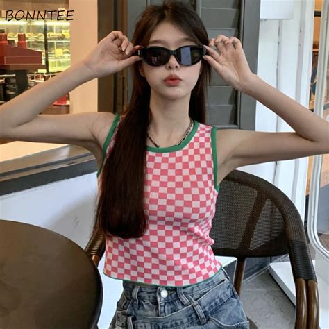 Knitting Tanks Women Sweet Sexy Hot Girls Plaid Design Y2k Crop Tops Streetwear All Match Summer