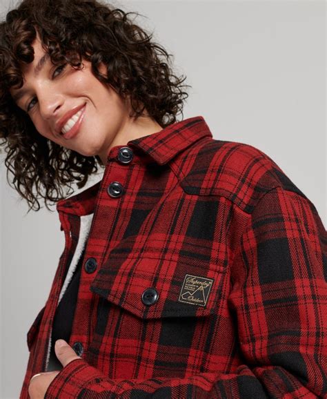 Women S Borg Flannel Check Overshirt In Red Check Superdry Us