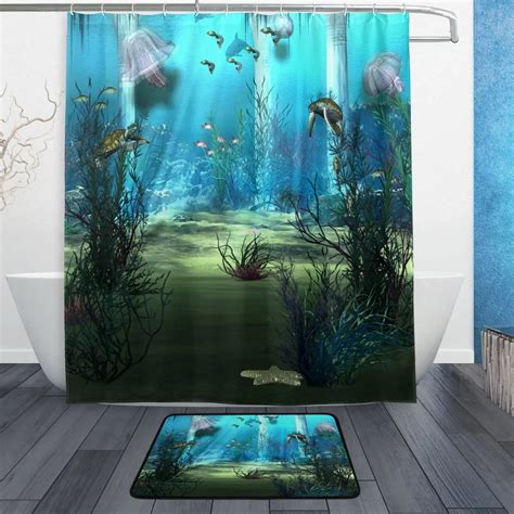 Sea Ocean Beach Shower Curtain And Mat Set Underwater World Seajelly