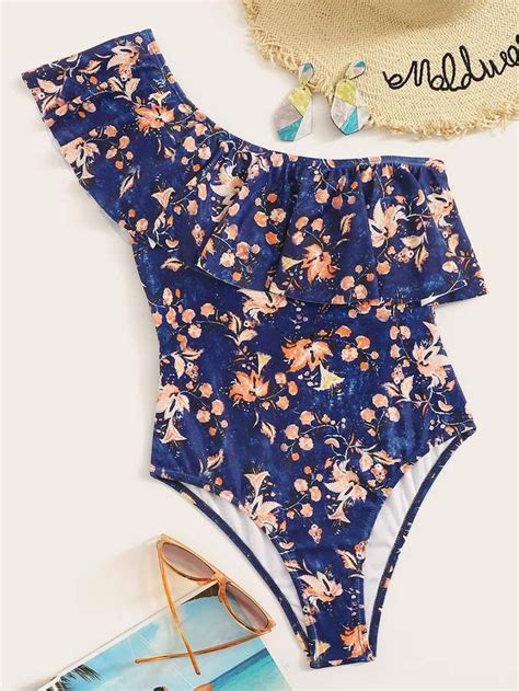 Floral One Shoulder Flounce One Piece Swimsuit