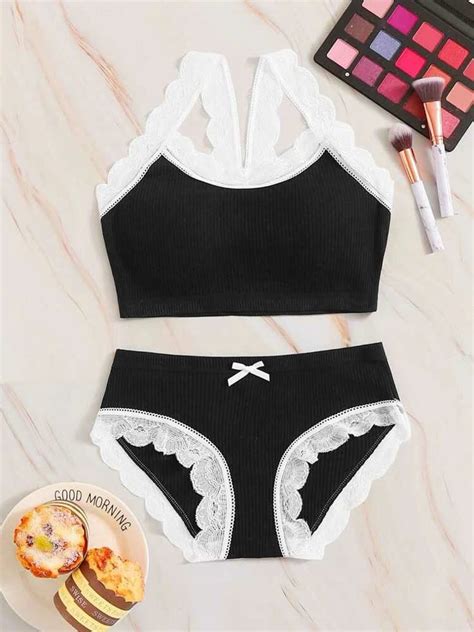 Rib Scalloped Lace Trim Lingerie Set