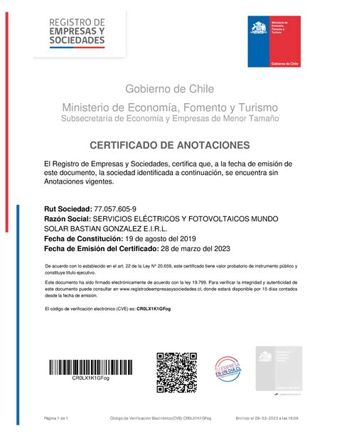 Certificado DE Anotaciones Gobierno de Chile Ministerio de Economía