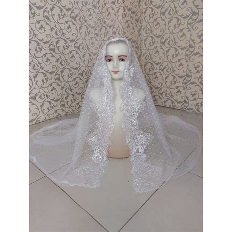 Jual Veil Hijab Pengantin Brukat Sisi Tile Dot Veil Kerudung