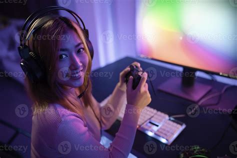 Asian Woman Gamer Play Computer Video Game Concept 21608048 Stock