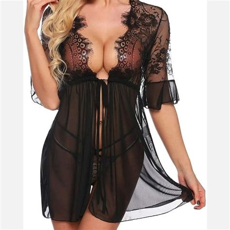 ExyFunShop Intimates Sleepwear Womenssexy Lingerie Babydoll Lace Chemise Sheer Mesh Open