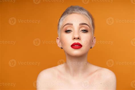 Fashion Portrait Woman With Short Hair Red Lips And Naked Shoulders Stock Photo At Vecteezy