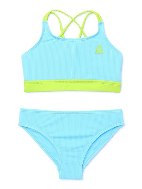 Reebok Girls Strappy Back High Neck Bikini Top With Scoop Bottoms Swimsuit UPF 50 2 Piece