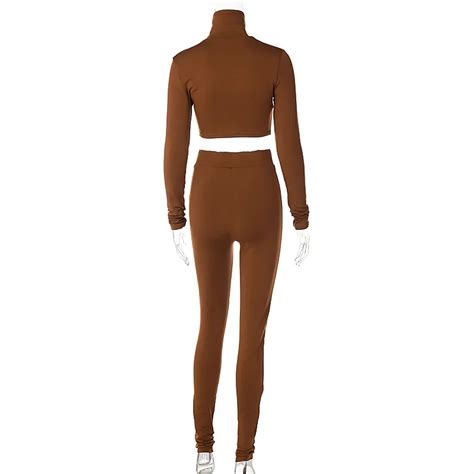 Long Sleeve Turtleneck Crop Top 2 Piece Pants Set Solid Color Skinny Outfits Women Sets Two