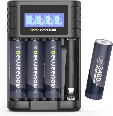 Delyeepow 1 5V Lithium AA Batteries Rechargeable 3400mWh 4 Pack