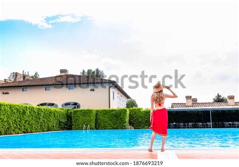 Woman Red Bikini By Swimming Pool Stock Photo 1876693219 Shutterstock