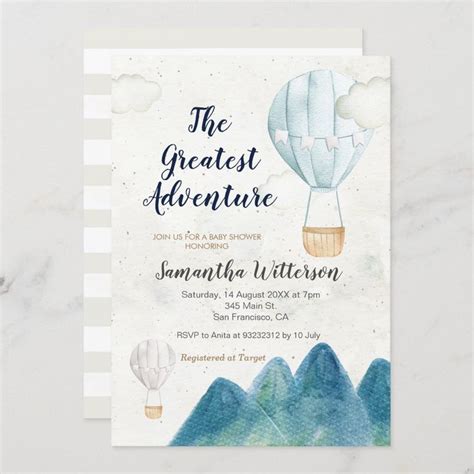 A Blue And White Watercolor Hot Air Balloon Birthday Party Card With The Words The Greatest