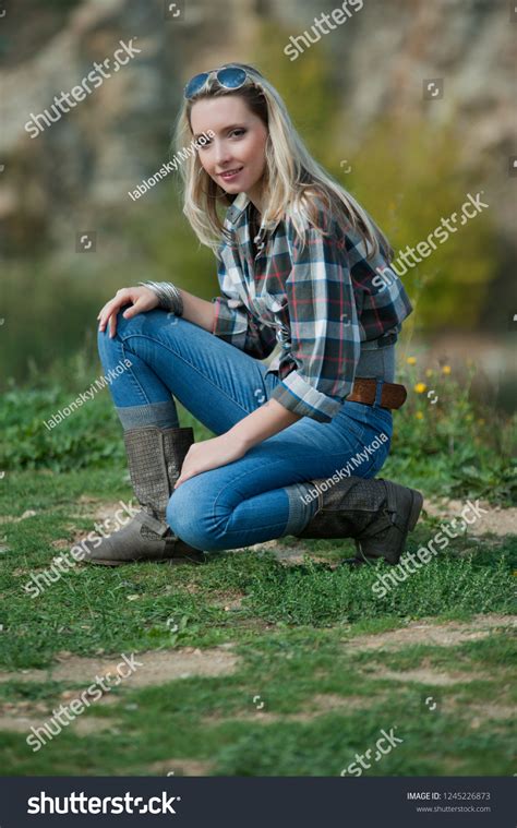 Beautiful Sexy Blonde Girl Jeans Plaid Stock Photo Shutterstock