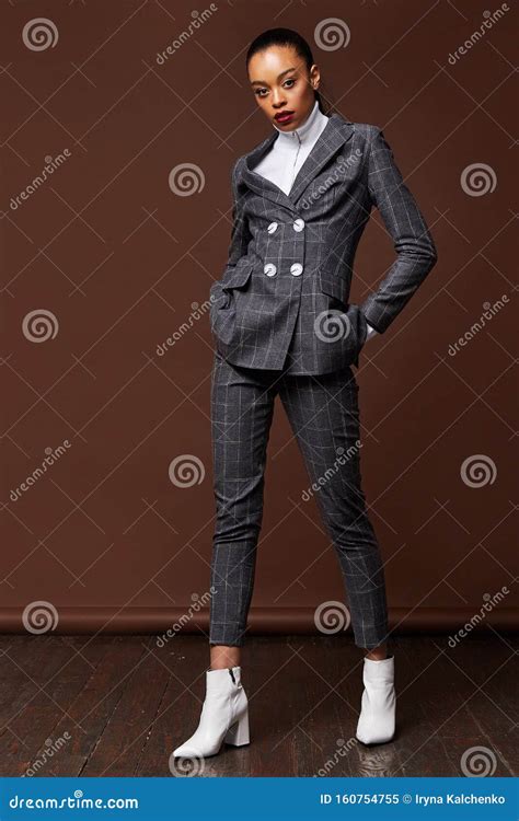 Beautiful Woman Fashion Glamour Model Brunette Hair Makeup Wear Suit Trousers Jacket Clothes