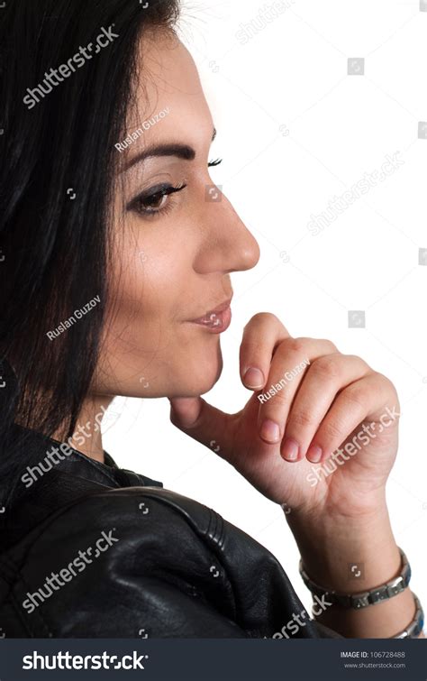 Nice Brunette Leather Jacket Masterfully Poses Stock Photo 106728488 Shutterstock