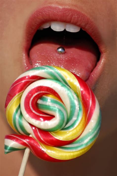 Pierced Tongue Licking Lollipop Stock Image Image Of Cheerful Care