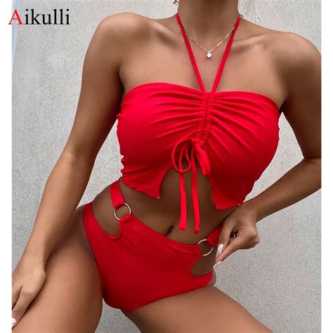 Red High Waist Bikini Set Women Sexy Halter Swimsuit 2022 New Ring Drawstring Two Piece Swimwear