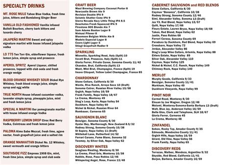 Reno Drink Menu Land Ocean