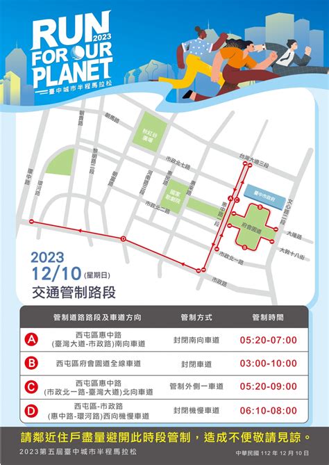 2023 臺中城市半程馬拉松 Run For Our Planet 筆記報名 交通管制宣傳