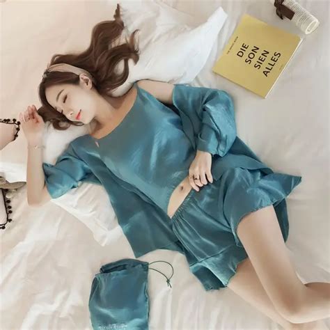 Korean 3 Piece Silk Satin Pajamas Women Pyjamas Set Sleepwear Pijama