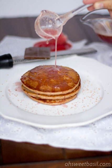 Healthified Chocolate Pancakes with Strawberry Syrup