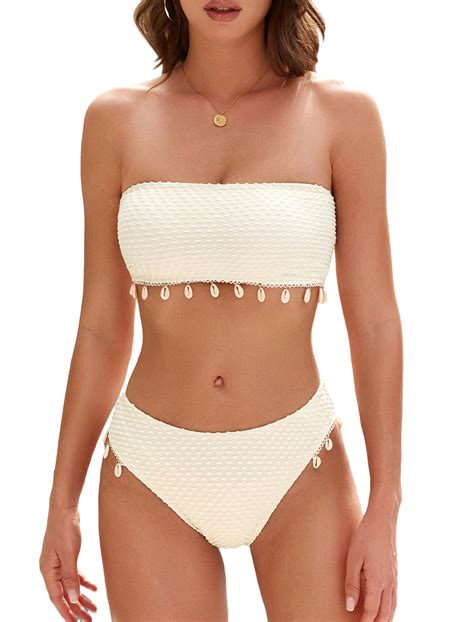 Zaful Women Strapless Bandeau Bikini Shell Piece Swimwear Cheeky Solid Lace Up Pom Bathing