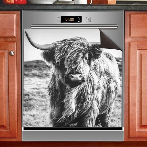 Dishwasher Cover Panel Black White Highland Cattle Cow