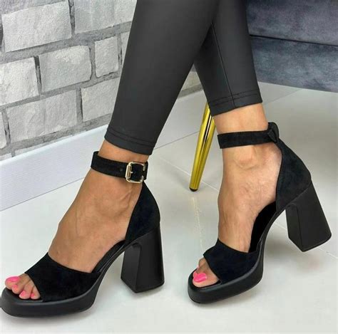 Босоножки женские стильные на каблуках замш цвет черный размер 37 (24 ...