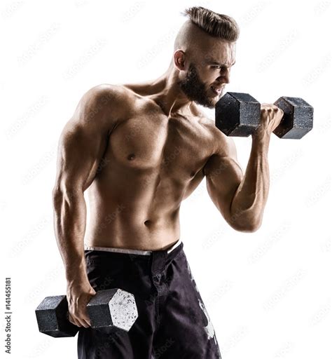 Strong Man Doing Exercises With Dumbbells At Biceps Photo Of Muscular Male With Naked Torso On