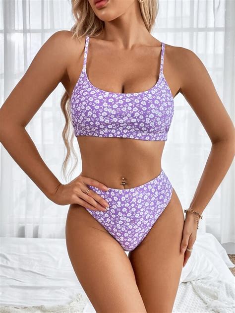 Shein Swim Vcay Ditsy Floral Bikini Set Crop Cami Top Hipster Piece