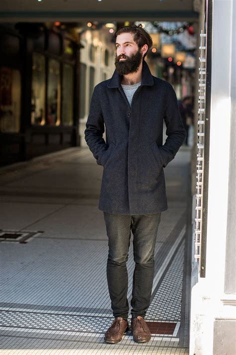 Mens Grey Crew Neck Sweater Navy Overcoat Charcoal Jeans And Brown