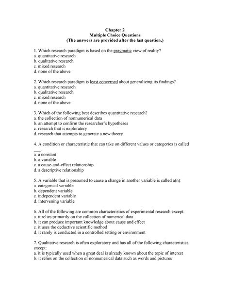 Research Methods MCQs Chapter 2 Multiple Choice Questions The